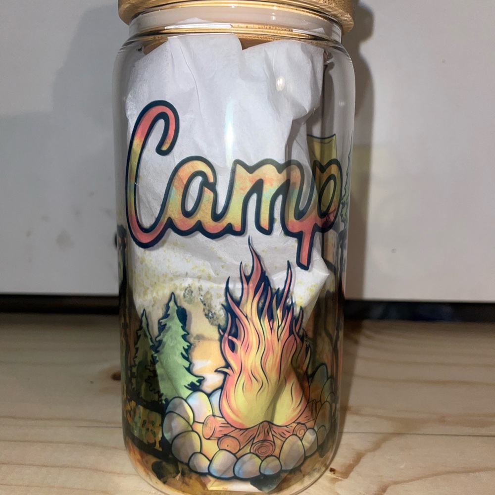 Glass Cup with Lid- Camping Design